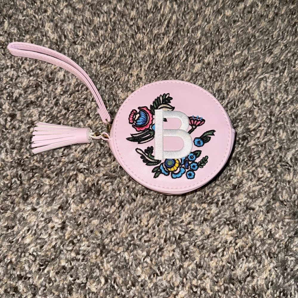 Pink Floral Embroidered Round Wristlet